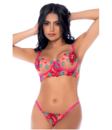 Ensemble 2 pièces résille brodée rose et bleue, soutien gorge et string - MAL8927SEGA